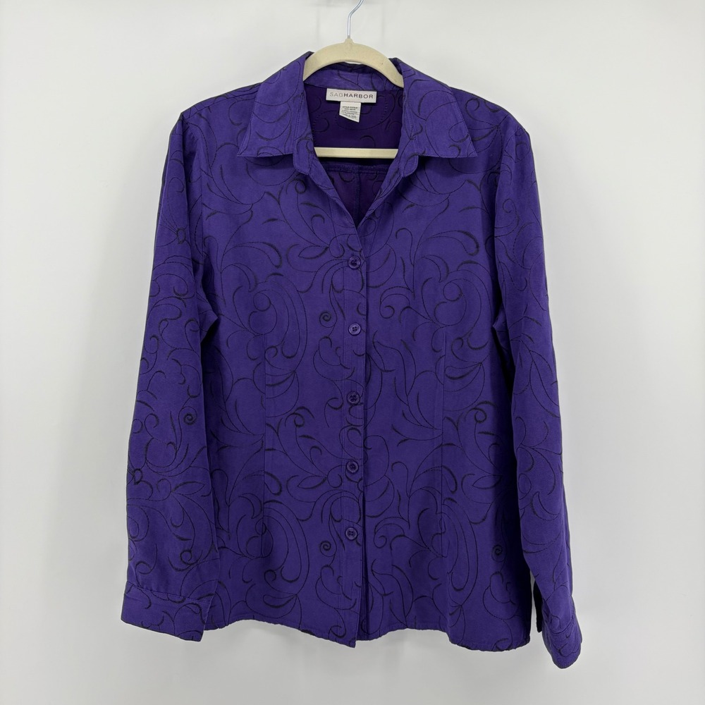 Sag Harbor Womens Large Purple Black Embroidered‎ Swirl Button Front Blouse